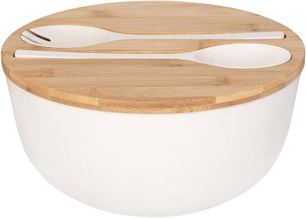GEHE Bamboo Salad Bowl with Servers Set - Large 9.8 inches mixing bowls Solid Bamboo Salad Wooden... | Amazon (US)