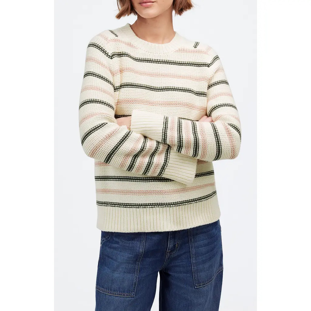 Madewell Stripe Crewneck Cotton Sweater in Dark Loden Stripe at Nordstrom Rack, Size Large | Nordstrom Rack
