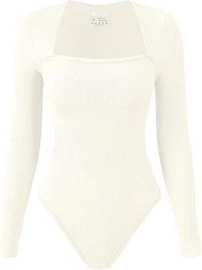 OQQ Women's Bodysuits Sexy Ribbed Square Neck Long Sleeve Tummy Control Casual Fall Bodysuits | Amazon (US)