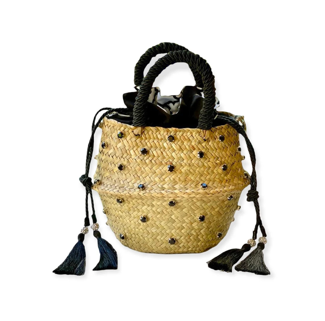 Basket straw bag decorated with crystals and pearls all around. | Etsy (US)