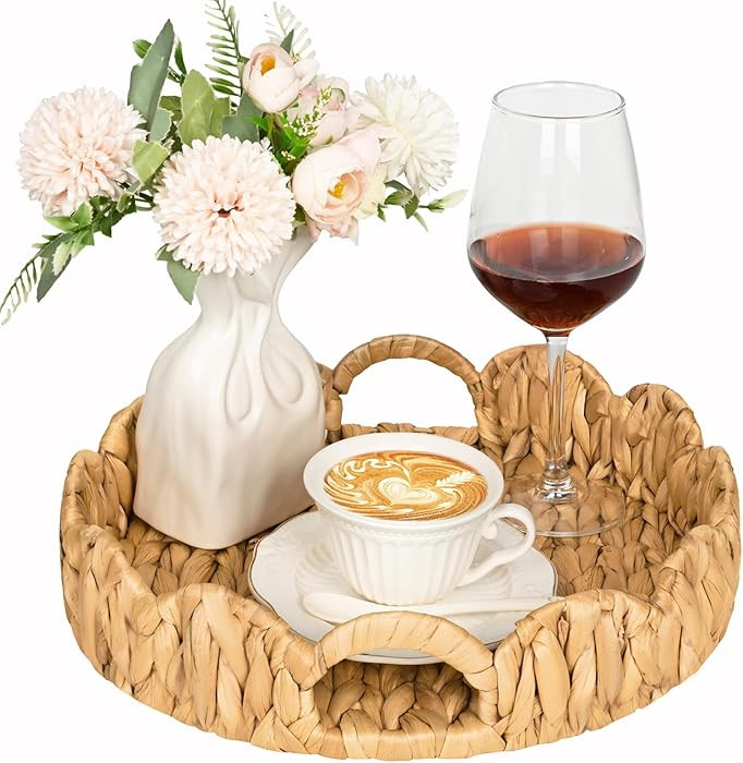 Livofloral Scalloped Edge Round Serving Tray, Handwoven Rattan Tray with Built-in Handles, Decora... | Amazon (US)