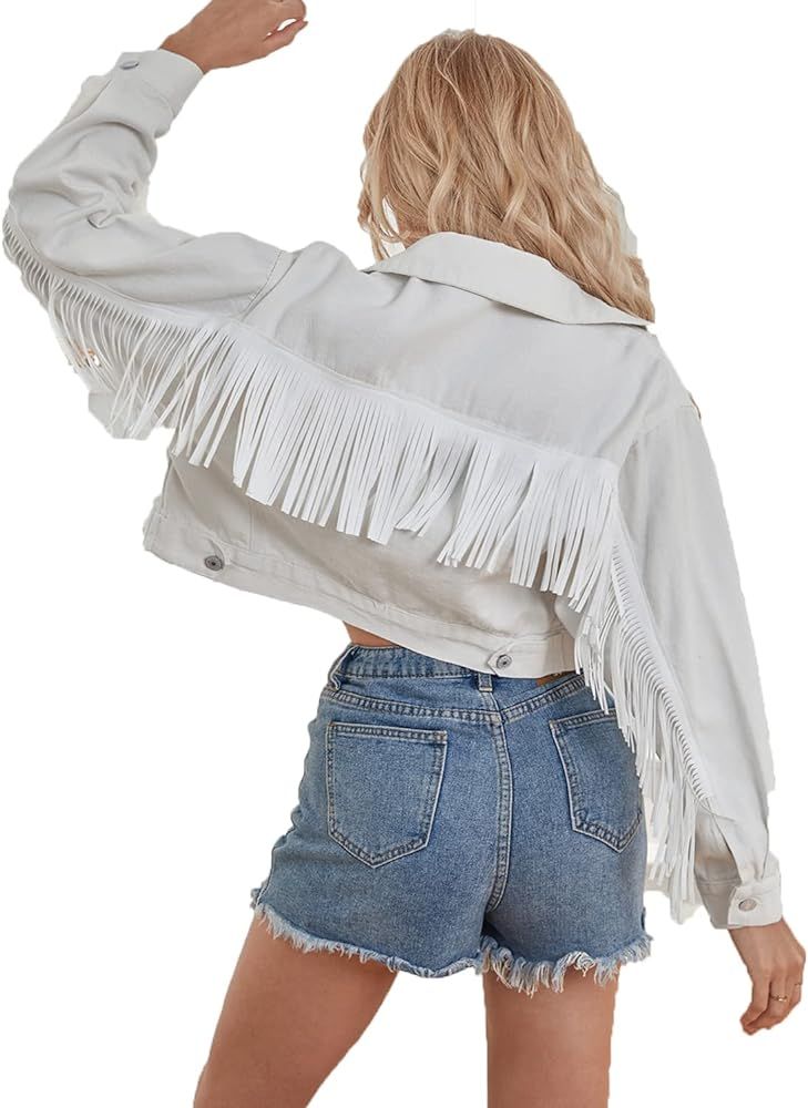 Women's White Fringe Denim Jacket Cropped Jean Coat | Amazon (US)