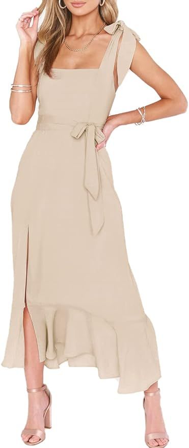 MAYFASEY Women's Elegant Bridesmaid Dresses Square Neck Ruffle Party Dress Slit Formal Midi Dress... | Amazon (US)