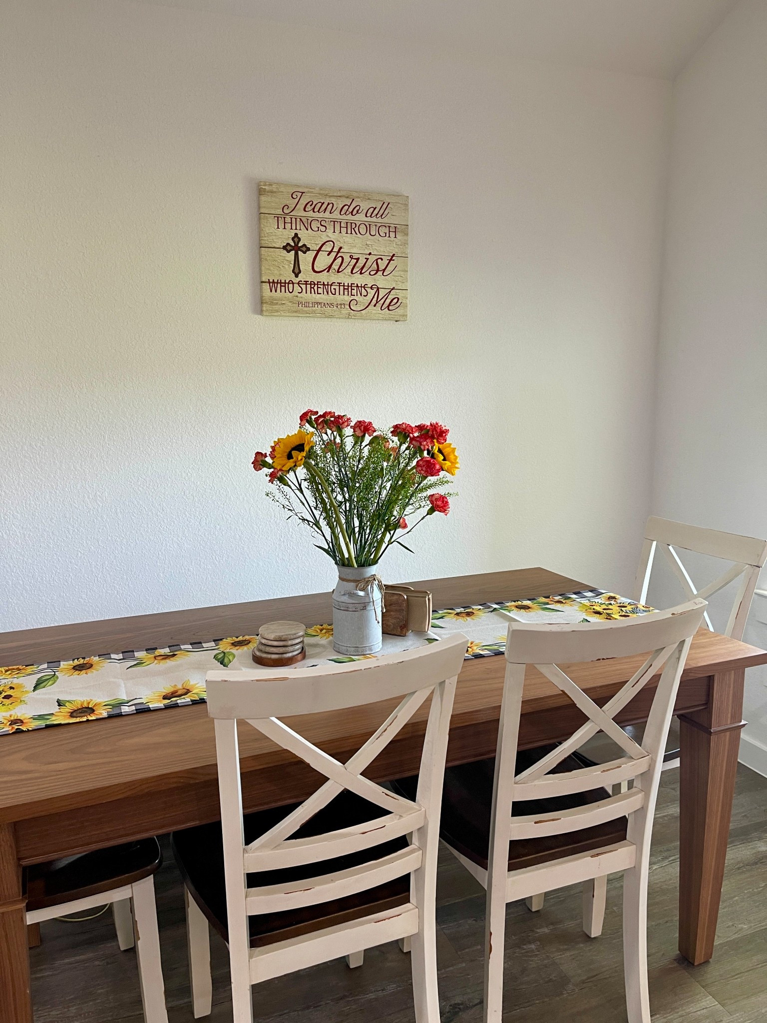 Bringing brightness to our dining space with this sunflower table runner + a simple faith reminder I love seeing every day 🌻✨
Shop this cozy farmhouse look with floral decor, wood accents, and scripture wall art that encourages me daily. #faithfilledhome #farmhousestyle #LTKhome #scripturedecor

#LTKGiftGuide #LTKHome #LTKSummerEdit
