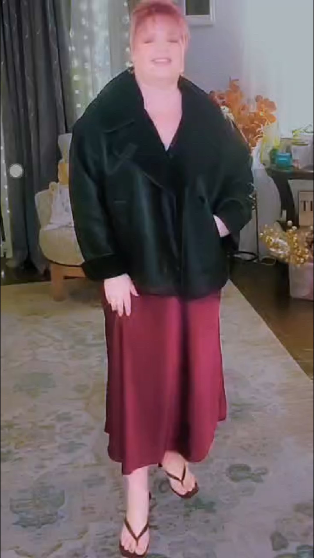 Started off my busy holiday weekend with an intimate birthday dinner with Mr. Elviswife (who smelled AH-mazing in Valentino). This was the perfect time to debut this beautiful satin slip skirt, sparkly top, and THIS COAT😍 leather with Sherpa lining - so soft inside and out. 💖 Simple, easy, dressy without trying too hard. 
🎄This outfit is also perfect for the holidays, work Christmas parties, visit to the Nutcracker or singing Christmas tree, and that coat especially would make a great Christmas gift! 
🎄Click through below because everything I’m wearing is on sale right now! (I’m linking my lipstick too, because it stayed on almost all the way through dinner, amazing! And it’s on sale right now at Sephora, see below for code).

I’m 5’9” tall, usually wear a 2X on top, XL-18 on bottoms, and a size 10 shoe. The blouse is an XXL TALL (so the cropped length would be just a little bit longer, and it ended up being perfect), skirt is XL (elastic waist, but virtually no stretch in the skirt material itself), jacket is a 2X with enough room underneath for a sweater, and all fit TTS.  The shoes are size 11, so I did size up with those.

Gifts for all (20% off basket with SAVING20) + 20-30% off Sephora & Sephora Collection with SAVEGIFTS #ad

#LTKDayInMyLife #LTKOOTD #LTKMomLife #LTKplusSize Walmart, #lTKBeauty Old Navy, gap, target, suede purse, burgundy heels, slip skirt, Lane Bryant, cozy, comfy, hygge, gifts for her, gifts for sister, gifts for mom, gifts for friend, gifts for daughter, winter jacket, lace top, sparkle, sequins, party outfit

#LTKOver40 #LTKSeasonal #LTKWorkwear #LTKFindsUnder50 #LTKGiftGuide #LTKFindsUnder100 #LTKSaleAlert #LTKTall #LTKHoliday #LTKMidsize #LTKPetite