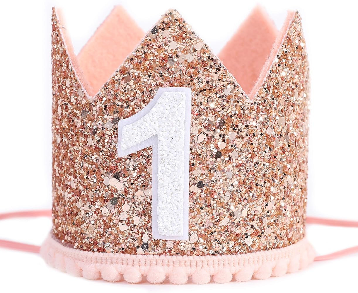 Glitter Birthday Crown - Photo Booth Props, Party Hat for Baby's 1st Birthday (Pink and Gold) | Amazon (US)
