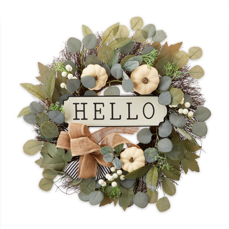 Way to Celebrate Harvest Hello Green Eucalyptus and White Pumpkin Wreath, 24" | Walmart (US)