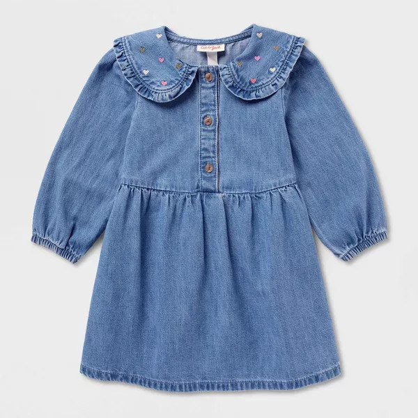 Toddler Girls' Long Sleeve Heart Collar Denim Dress - Cat & Jack™ Medium Wash 2T | Target