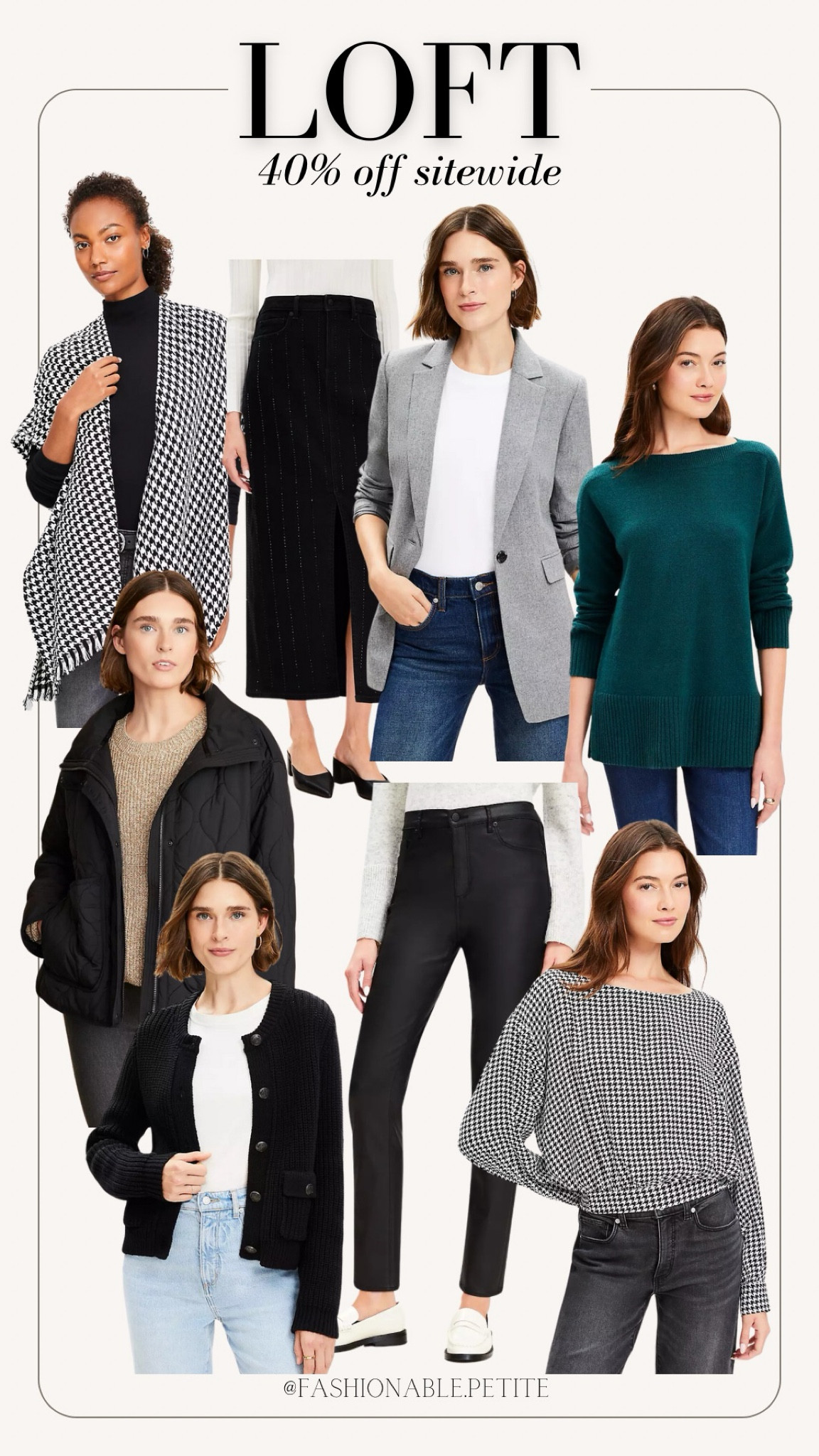 I have these coated black jeans from last year and love them! I wear 27 petite and they fit tts.
Fall outfit. Sweaters. Blazers. Houndstooth. Plaid. Houndstooth top. Black jeans. Petite. 

#LTKSaleAlert