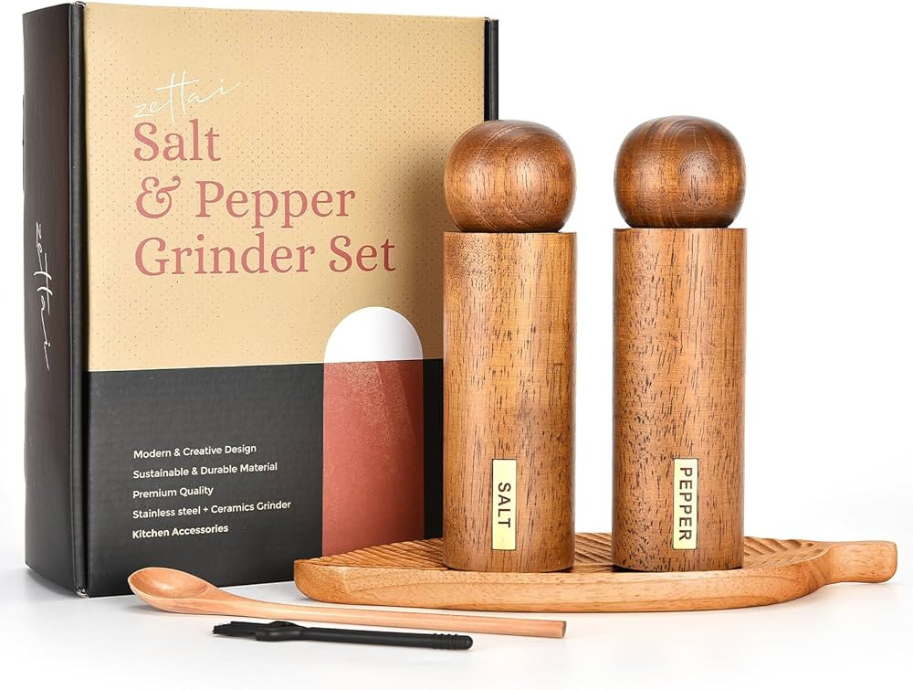 Zettai Wooden Salt & Pepper Grinder Set with Tray, 8 inches, Wooden Salt & Pepper Mill Set For Co... | Amazon (US)