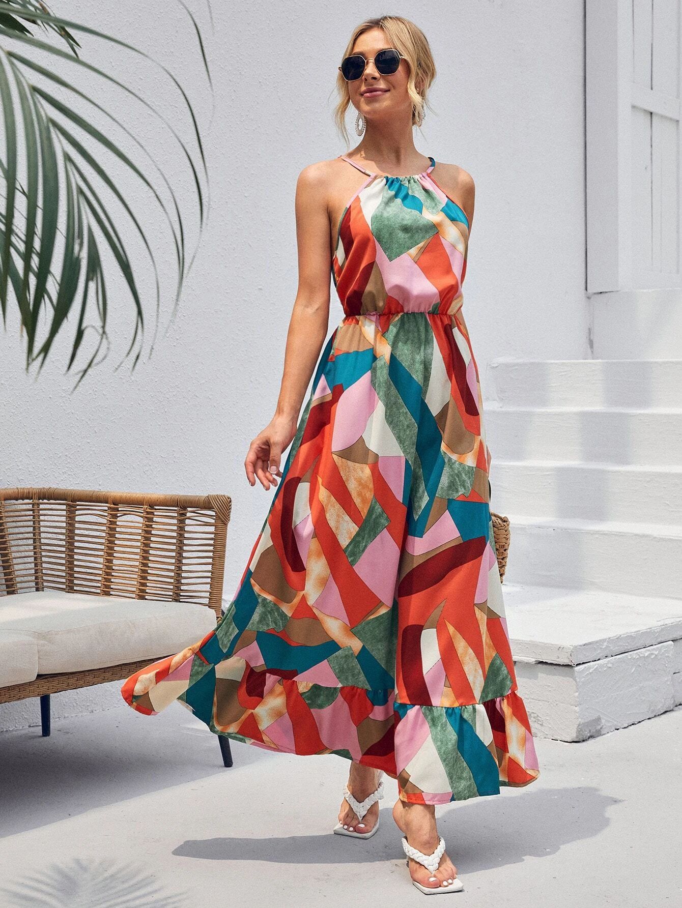 Patchwork Print Ruffle Hem Halter Dress | SHEIN
