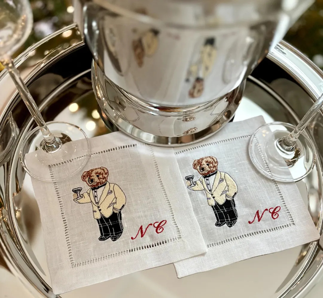 Custom Embroidered Linen Cocktail Napkins - Tuxedo Teddy Bear W| Martini - Etsy | Etsy (US)