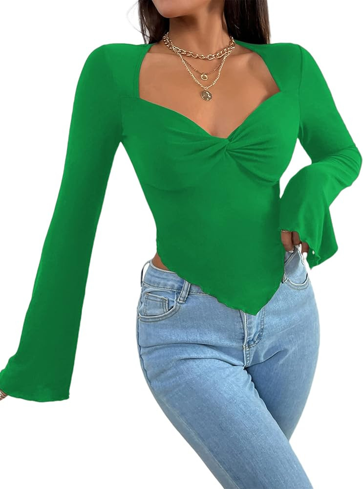 Avanova Women's Long Sleeve Square Neck Crop Top Twist Front Asymmetrical Shirt | Amazon (US)