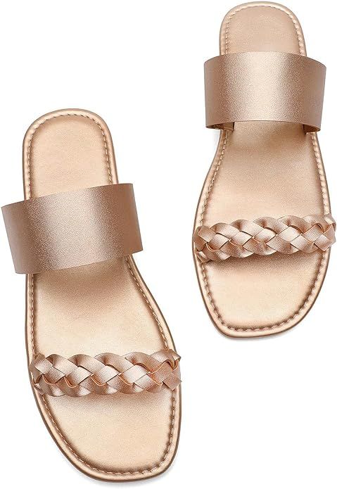 katliu Women's Flat Sandals Two Strap Slide Sandals Open Toe | Amazon (US)