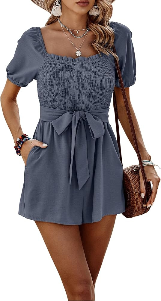 CCTOO Womens Rompers Smocked High Waist Ruffle Sleeves Short Outfits Jumpsuits with Belt | Amazon (US)
