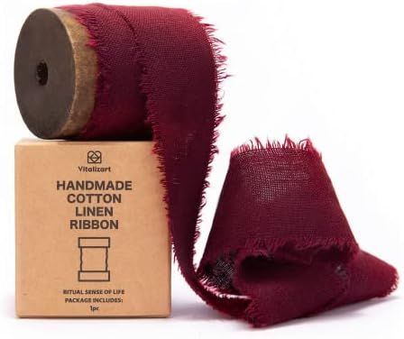 Vitalizart Burgundy Cotton Linen Ribbon with Spool 1.5" x 5Yd Handmade Fringe Frayed Fabric Cloth... | Amazon (US)