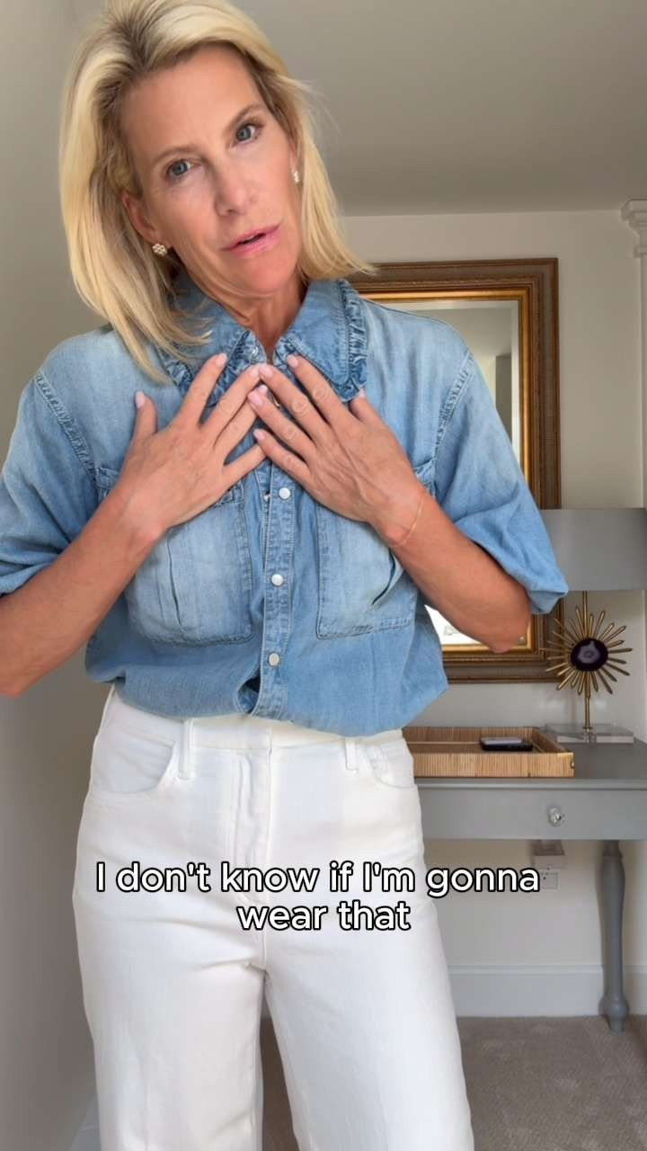 I almost sent this denim shirt back... then I put it on. Soft lightweight denim shirt, feminine button-down, elastic sleeves, white jeans, denim outfits, shorts, and easy everyday style. 

 #LTKgrwm #LTKootd