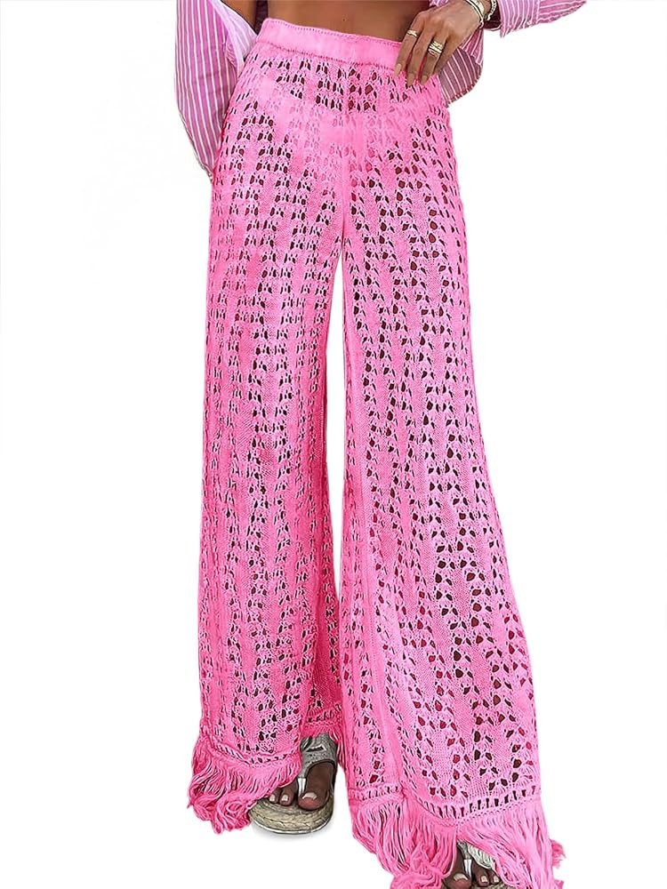 Fisoew Womens Crochet Cover Up Pants Casual Wide Leg High Waisted Hollow Out Tassel Summer Beach ... | Amazon (US)