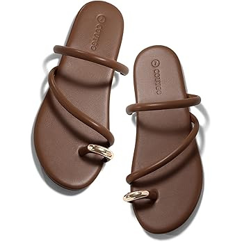 Coutgo Womens Strappy Flat Sandals Square Open Toe Flip Flops Slides Toe Ring Metal Summer Dress ... | Amazon (US)