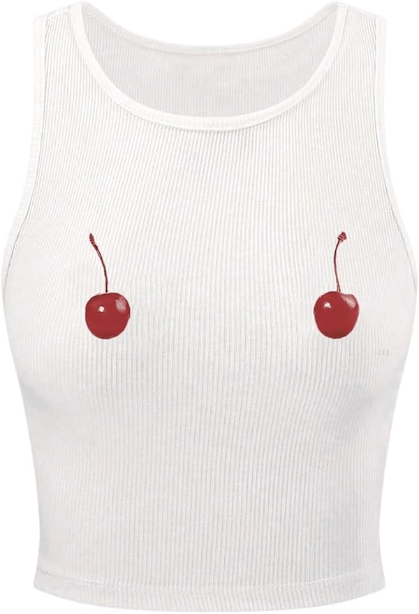 Women's Cherry Print Cropped Tank Top Scoop Neck Sleeveless Slim Fit Summer Tops | Amazon (US)