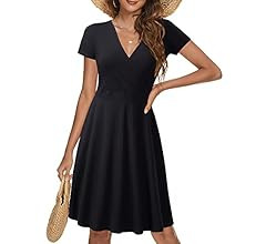 MSBASIC Women's Deep V Neck Short Sleeve Unique Cross Wrap Casual Flared Midi Dress | Amazon (US)