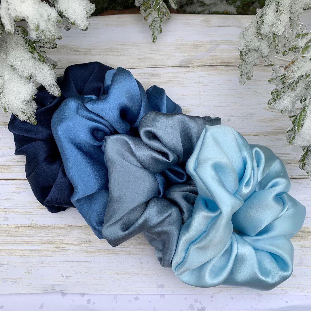 Medium Size Blue Shades Pure Mulberry Silk Scrunchies Made With 19 Momme 6A Grade Luxury Hair Tie... | Etsy (US)