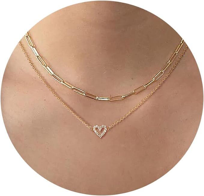 Dainty Heart Necklace Tiny 14k Gold Heart Pendant Choker Necklaces Small Gold Love Open Heart Cha... | Amazon (US)