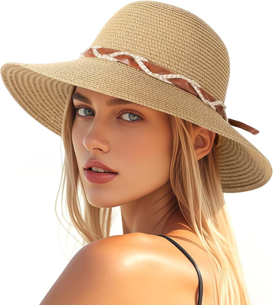 Beach Hat for Women, Wide Brim Sun Straw Hats for Women, Sun Hat Womens UPF 50+ UV Protection, Floppy Foldable Summer Hats | Amazon (US)
