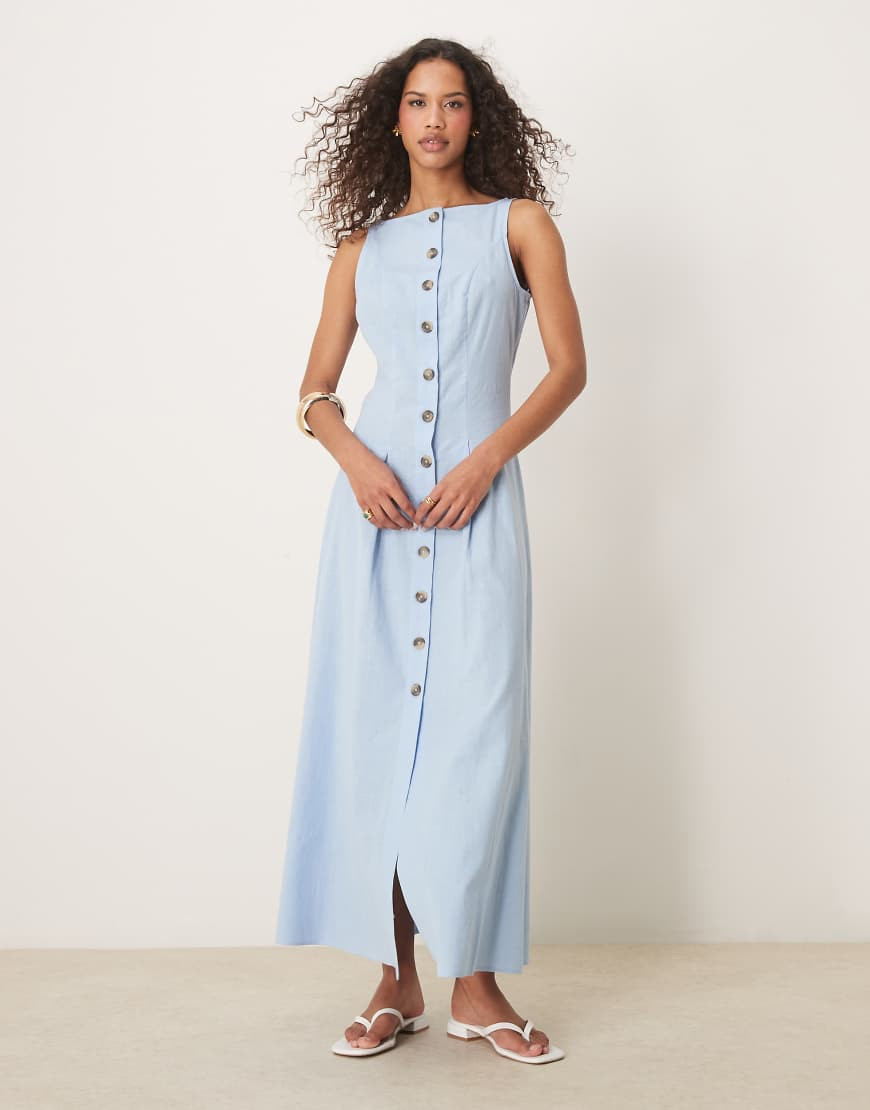 ASOS DESIGN slash neck button down waistcoat maxi sundress in blue | ASOS (Global)