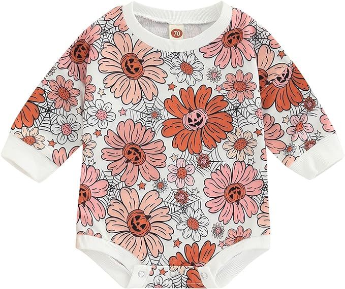Baby Girl Boy Halloween Clothes Crewneck Oversized Floral Pumpkin Print Sweatshirt Romper One Pie... | Amazon (US)