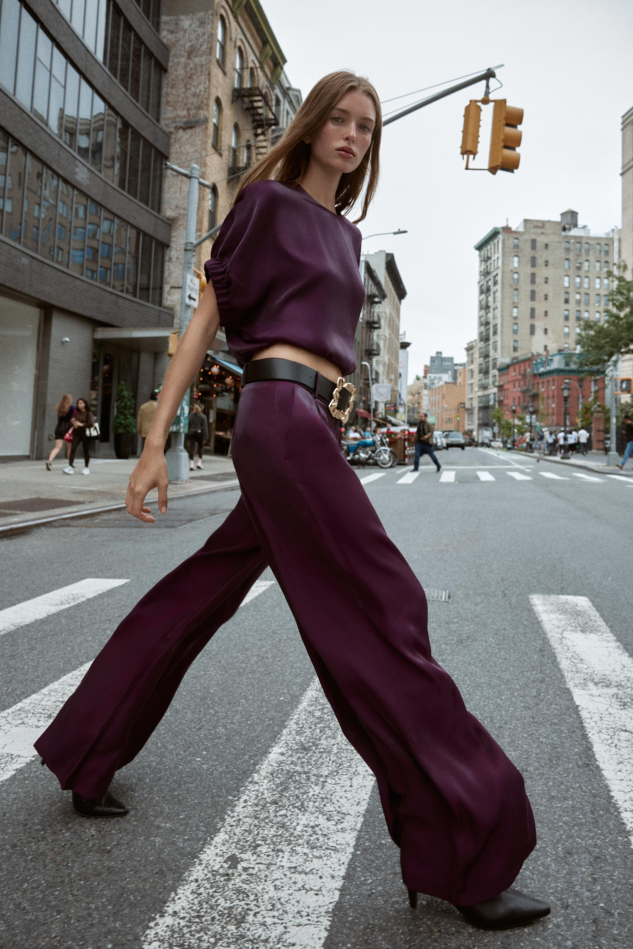 SATIN WIDE LEG BELTED PANTS | Zara US