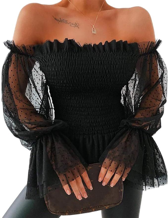 Women Sexy Off Shoulder Blouse Mesh Flare Sleeve Shirts Summer Fashion Sheer Long Sleeve Lace Fri... | Amazon (US)