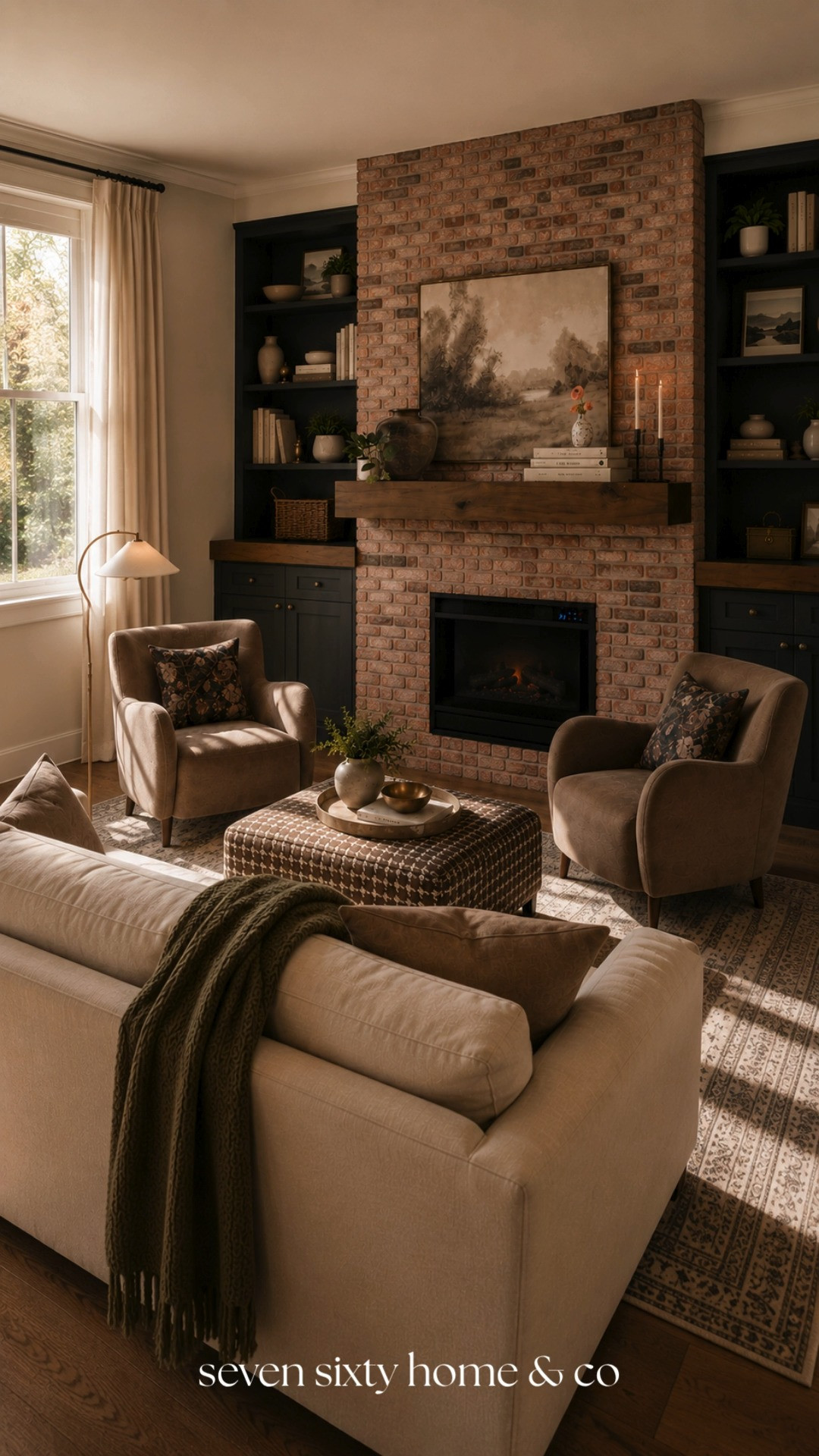 A living room that feels like slowing down for a minute.

This elevated rustic farmhouse living room combines warm layered textures, earthy colors, vintage-inspired styling, and timeless furniture pieces to create a cozy space that feels welcoming the moment you walk in. The dark built-ins and brick fireplace add depth while the neutral seating keeps the room feeling soft, balanced, and approachable.

If you love cozy living room ideas, collected farmhouse interiors, warm traditional decor, rustic designer-inspired spaces, or layered neutral homes, this room is filled with timeless details that make a space feel truly lived in. 

 #LTKHome