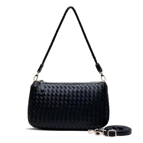 Glowave Black Shoulder Bag for Women, Small Black Purse Woven Leather Handbag, Purses for Women with Two Straps | Amazon (US)