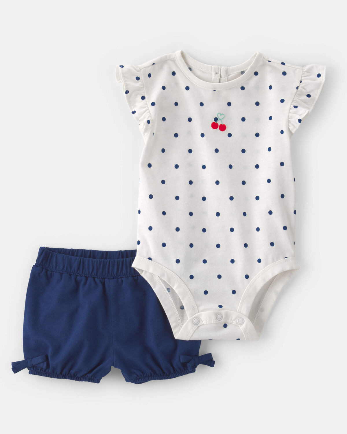 Baby Girl 2-Piece Cherry Polka Dots Short-Sleeve Bodysuit & Short Set - White/Blue | Carter's Inc