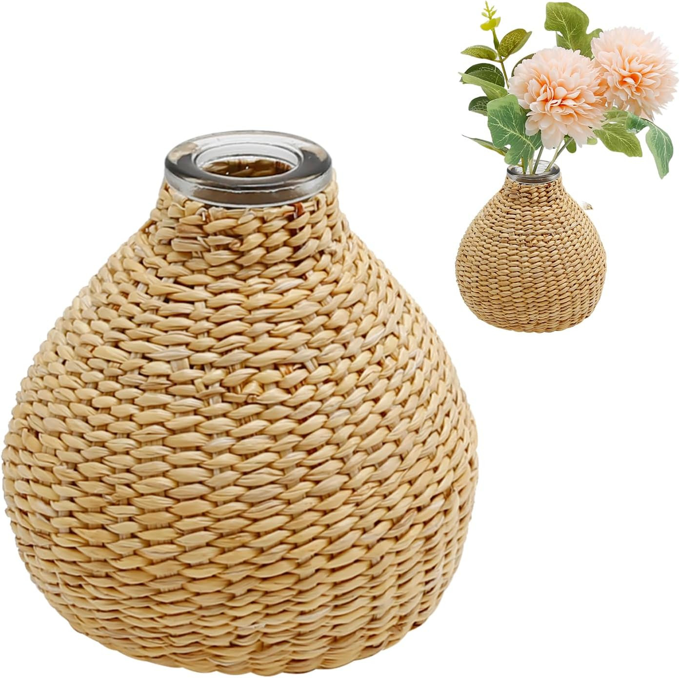 LIDSCURA Woven Glass Vase with Rattan Cover, Beige, Rectangular, 10x8.8cm, Ideal for Home Decor, Weddings, Birthdays, Aromatherapy | Amazon (US)