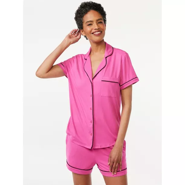 Joyspun Women's Short Sleeve Notch Collar Top and Shorts Knit Pajama Set,  2-Piece, Sizes S to 3X 