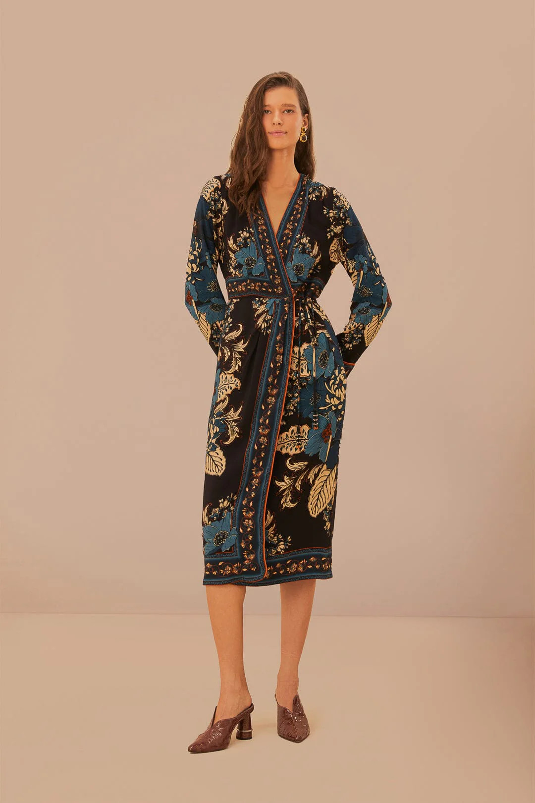 Black Blossom Tapestry LENZING™ ECOVERO™ Viscose Midi Wrap Dress | FarmRio (US)