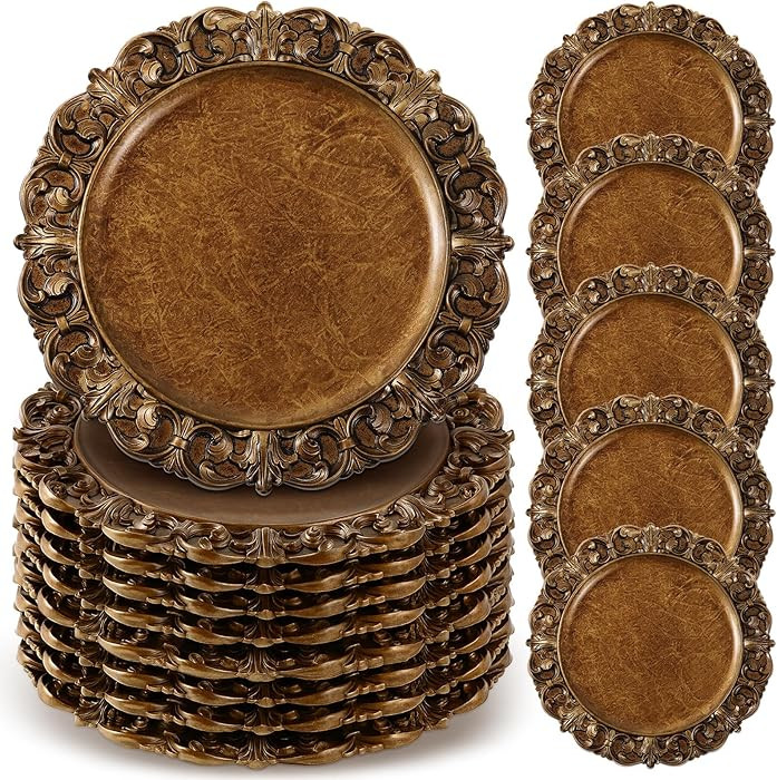 30 Pcs Antique Gold Charger Plates Bulk 13 Inch Embossed Rim Plastic Round Decorative Vintage Pla... | Amazon (US)