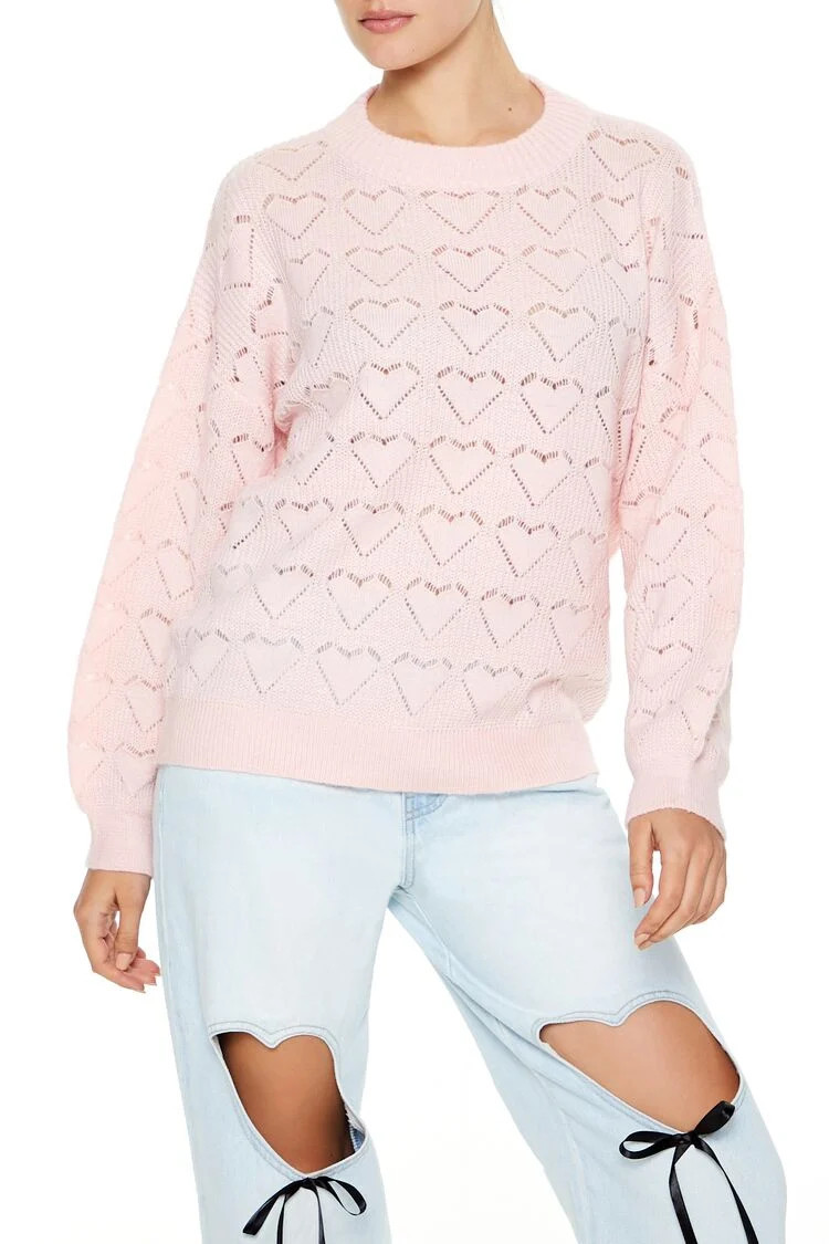 Women's Heart Open-Knit Sweater in Pink Medium | Forever 21