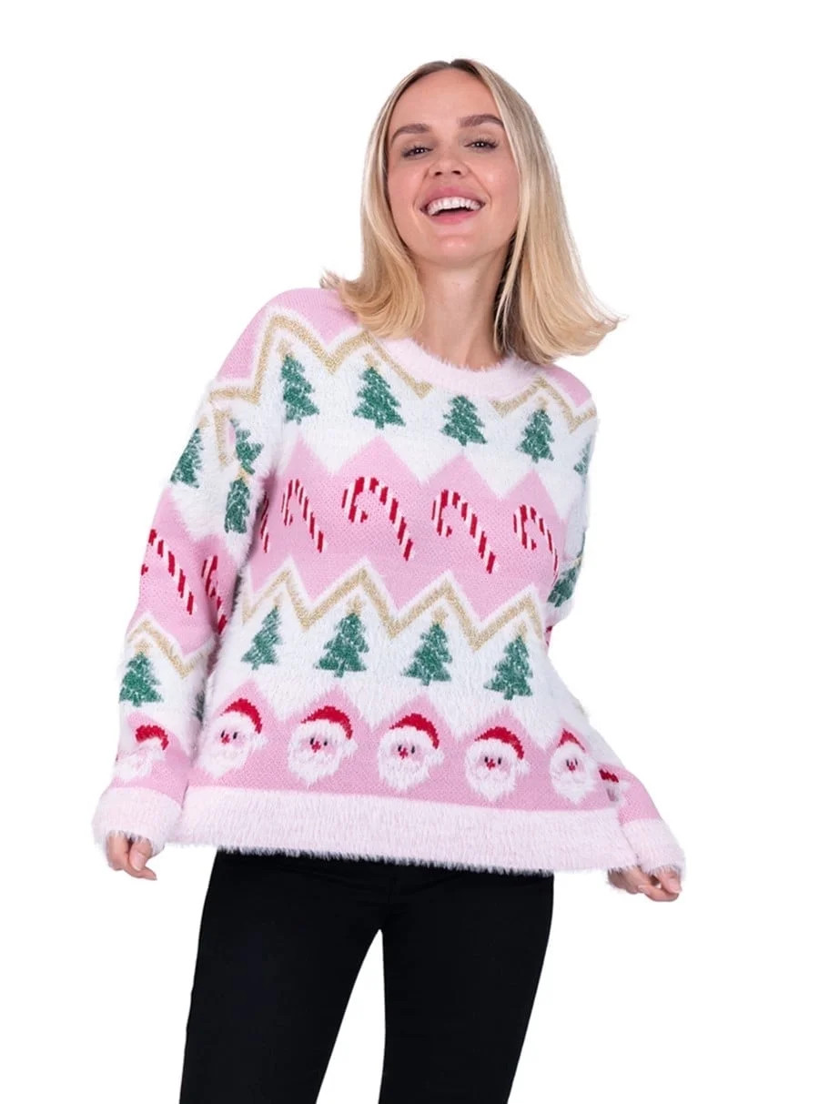 Jollidays Women's Candy Cane Trees & Santa Long Sleeve Crewneck Christmas Sweater, Sizes S-XXL | Walmart (US)