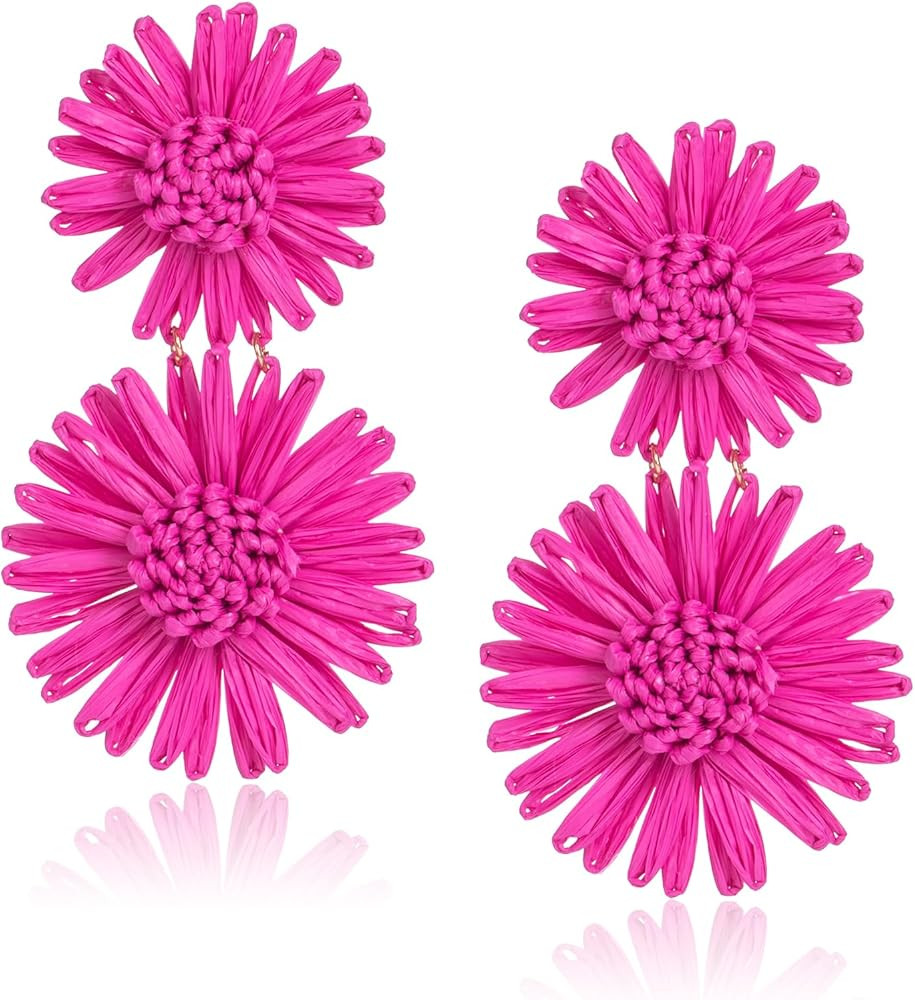 Raffia Flower Drop Earrings Daisy - Boho Statement Floral Dangle Earrings for Spring Summer Beach... | Amazon (US)