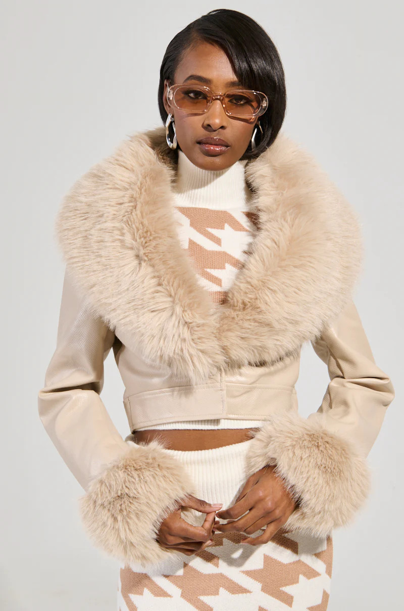GISELE CROP FAUX FUR MOTO JACKET IN IVORY | AKIRA