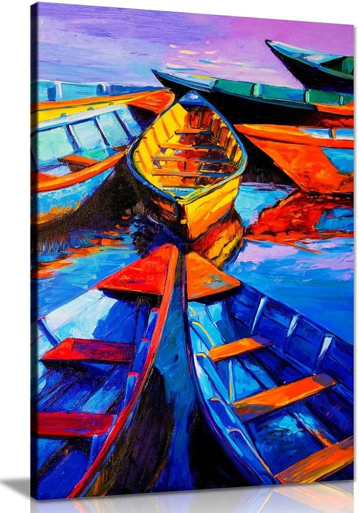 Blue Oil Painting Boats & Sea Modern Canvas Wall Art Picture Print (24x16) | Amazon (UK)