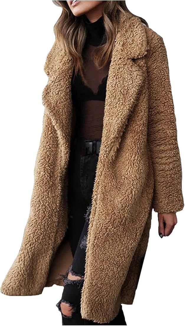 Women's Fuzzy Fleece Coat,Lapel Open Front Long Cardigan Faux Fur Warm Winter Jackets Outwear | Amazon (US)