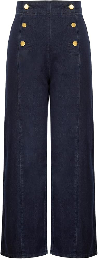 Belle Poque Women's High Waisted Wide Leg Jeans Button Decorated Casual Stretchy Demin Pants with... | Amazon (US)