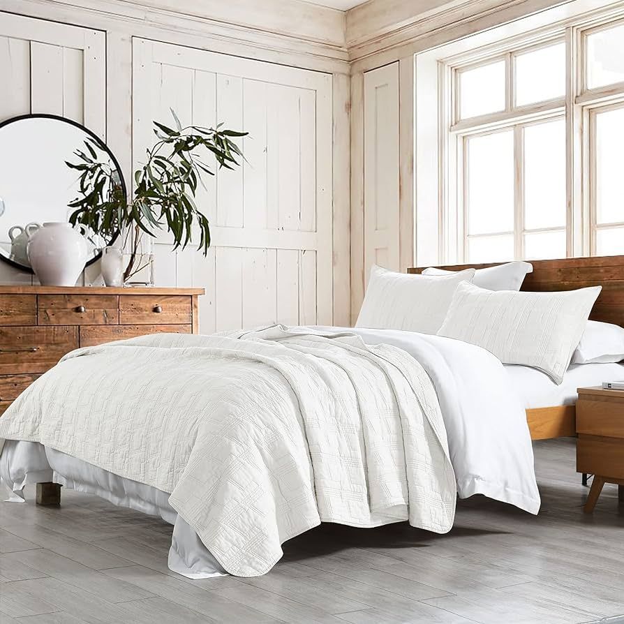 HORIMOTE HOME 100% Cotton Quilt Set King Size, White Pre-Washed 3-Piece Bedspread Coverlet Set, C... | Amazon (US)
