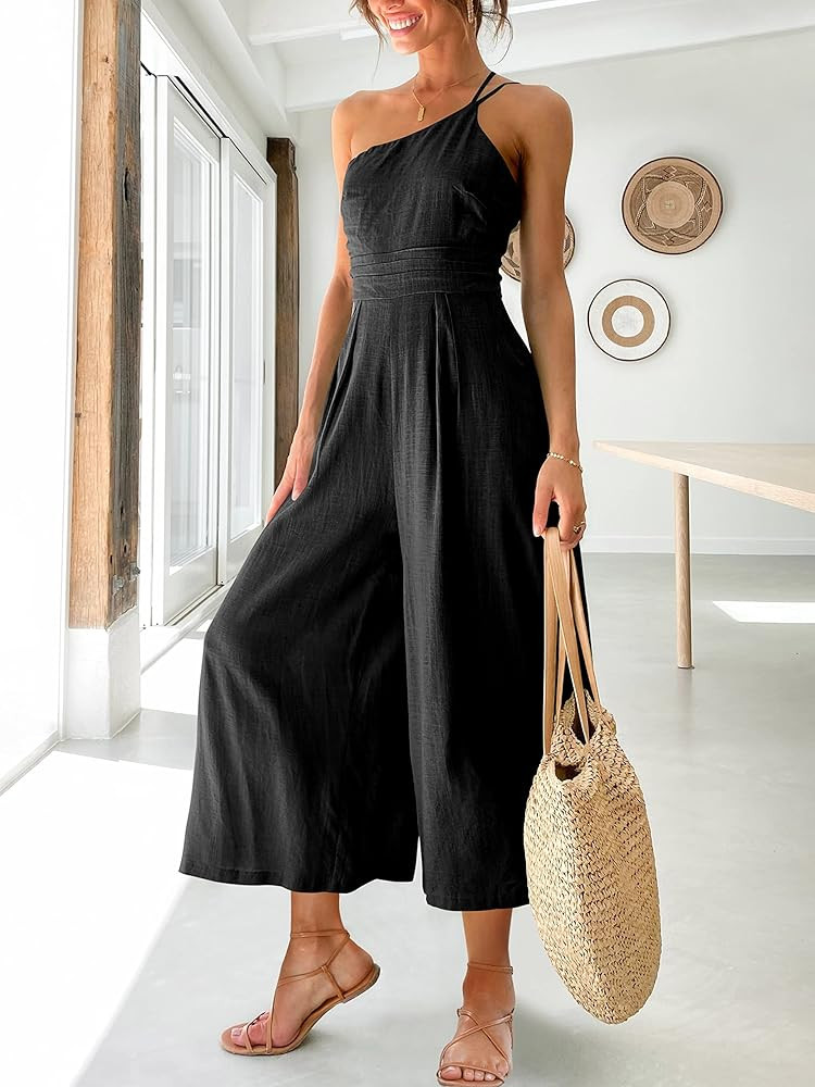 ANRABESS Women's Summer Straps One Shoulder Pleated High Waist Casual Wide Leg Jumpsuit Romper with  | Amazon (US)