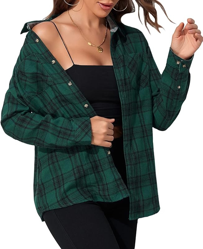 Deer Lady Women Plaid Flannel Shirt Casual Button Down Shirts Oversized Long Sleeve Blouse Top | Amazon (US)