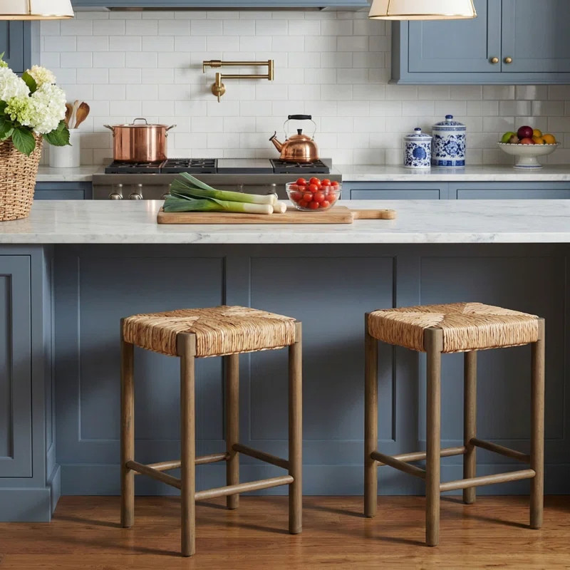 Owen Backless Solid Wood Counterstool With Banana Leaf Rush Seat, Set of 2, KD, Medium Brown (Set... | Wayfair North America